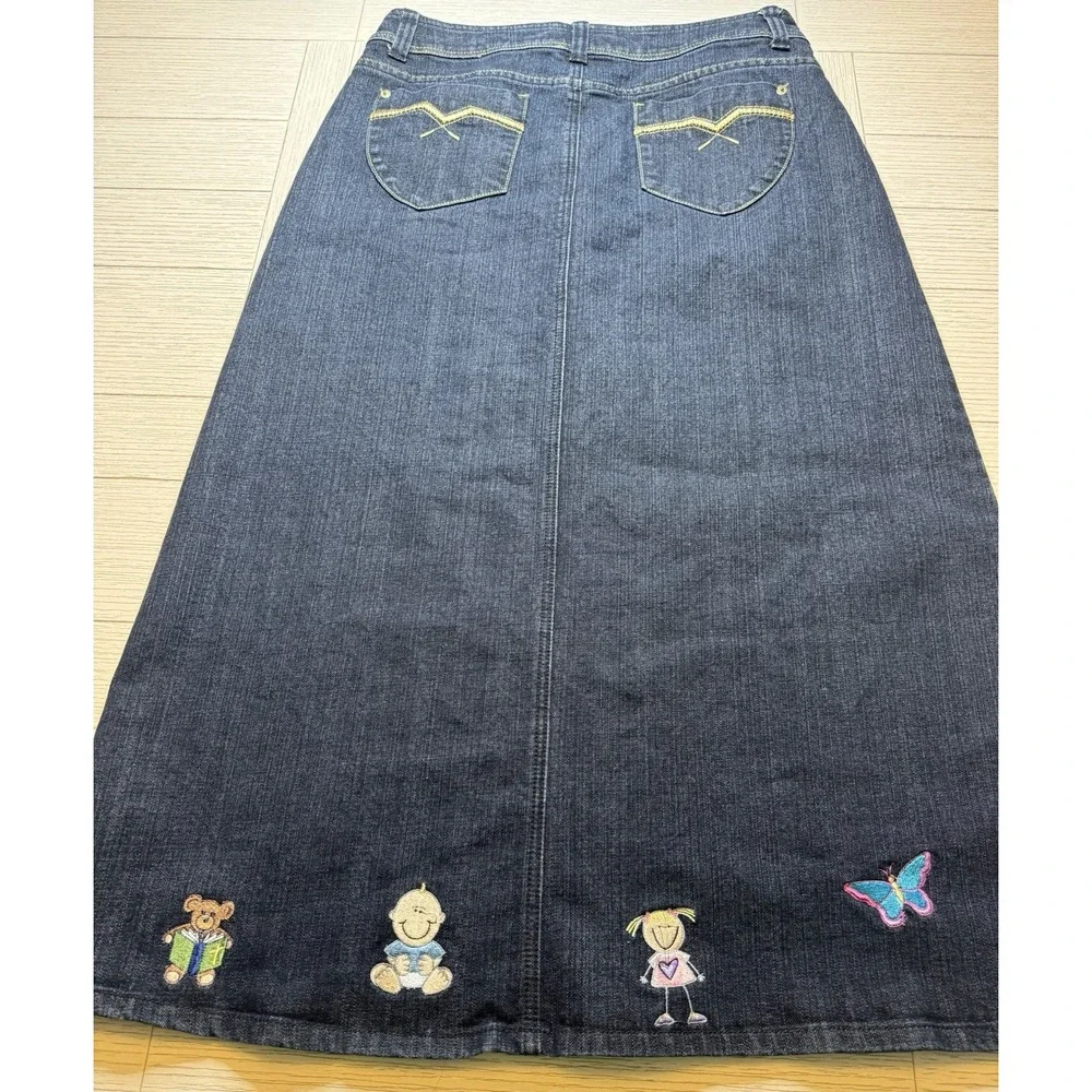 Baccini Women 90s Embroidered Butterfly Kids Flower Denim Maxi Skirt‎ Sz 12 Boho